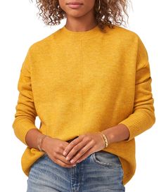 From Vince Camuto&#x2C; this sweater features:Cozy yarn fabricationCrew necklineLong sleevesFront seamedExtended shouldersPullover constructionAcrylic/polyester/spandexMachine wash/line dryImported. Tops Designs For Jeans, Poncho Sweater, Yellow Sweater, Sweaters Online, Shoulder Sweater, Casual Look, Crewneck Sweater, Vince Camuto, Pullover Sweater