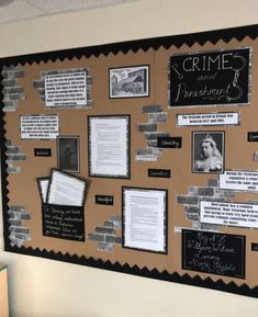 a bulletin board with some writing on it and pictures pinned to the wall behind it