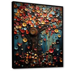 an abstract painting with buttons on the tree