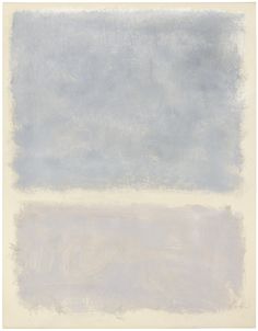 an abstract painting with white and blue colors on the bottom half of it, as well as light grey