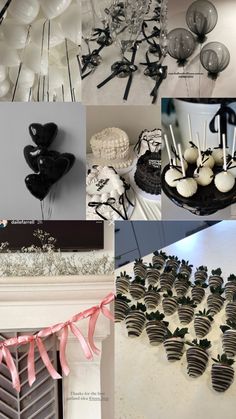 a collage of photos with black and white desserts, balloons, cake pops, and streamers