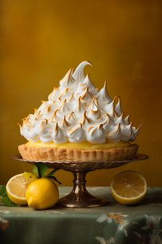 a lemon meringue pie sitting on top of a cake plate next to two lemons