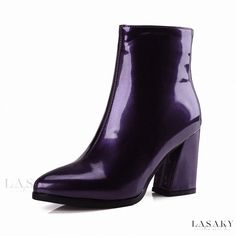 Lasaky - Stylish Patent Leather Side Zipper Pointed Toe Chunky High Heel Ankle Boots Fall Purple Platform Boots, Purple Platform Boots For Fall, Trendy Purple Heeled Boots For Fall, Rough Heels, High Heel Ankle Boots, Latin Dance Shoes, Womens Chunky Heels, Chunky High Heels, Heel Ankle Boots