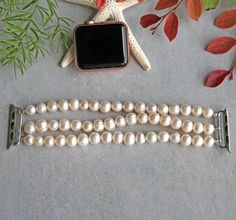 Apple Watch Beaded Stretch Band Made From Cultured Freshwater - Etsy Pearl Clasp, Indian Agate, Stretch Band, Freshwater Pearl Bracelet, Stretch Bands, Beaded Material, Apple Watch Strap, Cute Bracelets, Freshwater Cultured Pearls