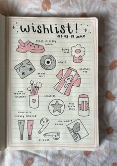 an open notebook with drawings on it and words written in the pages that spell out wishlist