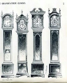 four grandfather clocks are shown in three different styles