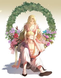 two people sitting on the ground with flowers in front of them and an archway behind them