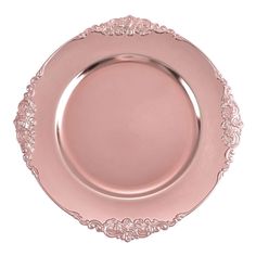 a rose gold plate with intricate designs on the rim and sides, set against a white background