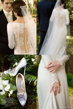 the bride and groom are posing for pictures in their wedding gowns, veils and shoes