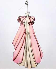 a drawing of a pink dress with an umbrella on it's back, hanging from a string