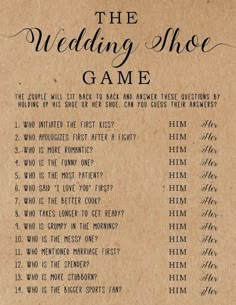 the wedding shoe game is written on a piece of brown paper with black ink and writing