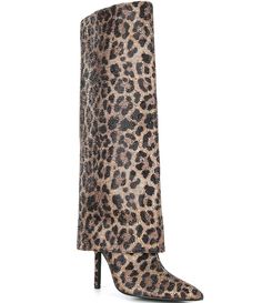 From Gianni Bini&#x2C; the Lizzie Leopard Print Rhinestone Foldover Tall Boots feature:Leopard printed satin and fabric upper with allover rhinestone embellishmentsPointed toe constructionFoldover pant leg detailFull inside zipper closureFabric lining4MM padded memory foam sockSynthetic outsoleApprox. 16.8" shaft heightApprox. 15.8" Standard calf shaft circumferenceApprox. 15.4" Narrow calf shaft circumferenceApprox. 17.6" Wid Leopard Costume, Leopard Print Boots, Trending Womens Shoes, Leopard Boots, Print Boots, Hot Shoes, Gianni Bini, Dillard's, Tall Boots