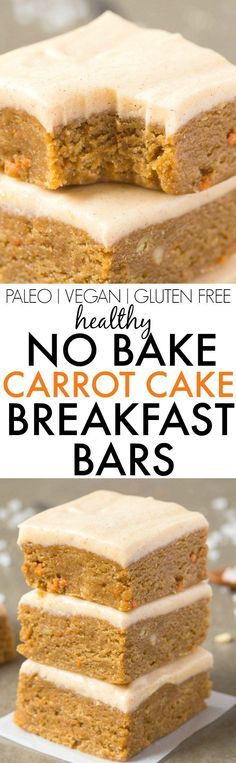 no bake carrot cake breakfast bars with frosting on top