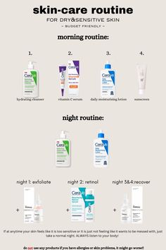 a skin-care routine for dry&sensitive skin; budget friendly ;) Skin Care Routine Sensitive Dry, Skincare Routine For Acne Prone Sensitive Skin, Good Skin Care For Sensitive Skin, Facial Care For Sensitive Skin, Daily Face Care Routine For Dry Skin, Very Sensitive Skin Care, Cerave Dry Skin Routine, Skincare Products Sensitive Skin, Good Skincare Products For Dry Skin