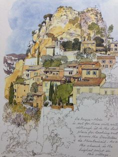 a drawing of a village on top of a hill