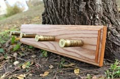 two shotguns are mounted to the side of a wooden plaque in front of a tree