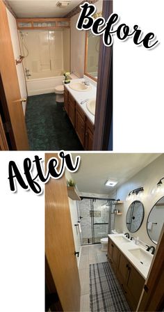 before and after photos of a bathroom remodel with wood cabinets, tile flooring, and green carpet