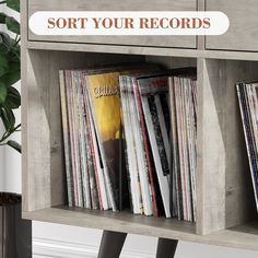 an old record player with vinyl records in it's storage unit, and the words sort your records above it