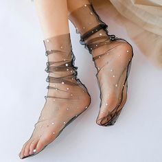 Feel Out Of This World. These Cute Socks Feature A Scrunched Sheer Tulle Fabric, Star/Moon Silver Glitter Accents, And An Over The Toe Style. Tulle Socks Loafers, Glitter Sheer Socks, Glitter Tulle Socks, Tulle Socks Pattern, Tulle Sock, Tulle Socks, Solid Socks, Summer Sock, All Black Shoes