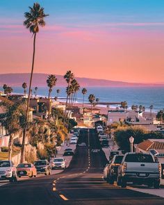 cars parked on the side of a road next to palm trees and ocean at sunset