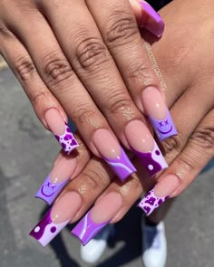 Unhas Different Design On Each Nail, Paznokcie Hello Kitty, Nail Artwork, Girly Acrylic, Summer Acrylic, Lilac Nails, Purple Acrylic Nails, Hippie Nails, Long Acrylic Nail Designs