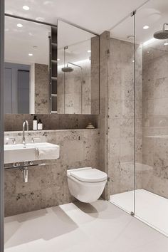 a white toilet sitting next to a walk in shower under a bathroom mirror above a sink