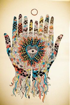 a painting of a hand with an all seeing eye on it's palm and multicolored feathers