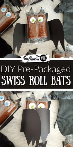 this is an easy diy pre - packaged swiss roll bats for halloween