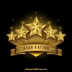 golden star ratings with ribbon on black background