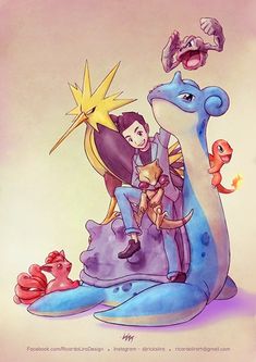 a drawing of a man sitting on top of a blue dragon next to other animals