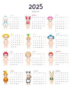 a calendar for the new year is shown with different dolls on it's sides