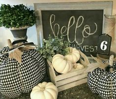 some pumpkins are sitting in front of a chalkboard