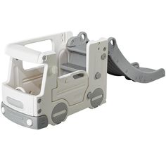 a white and gray plastic toy car with steps on the front, side and back sides