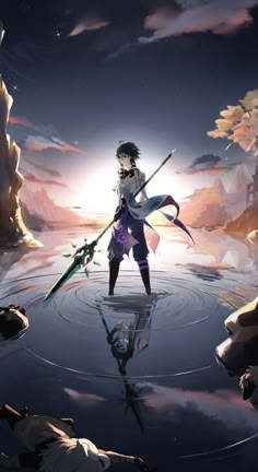 an anime character standing in the water holding two swords