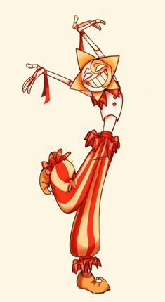 a drawing of a clown with an orange and white striped hat, holding his arms out