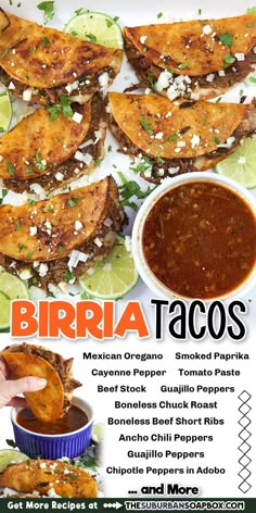 beef birria tacos on a white platter with a bowl of consomme. Ingredient list for tacos. Barbacoa Birria Tacos, Birria Taco Consume, Carne Asada Birria Tacos, Stovetop Birria Tacos, Barria Tacos Recipe Easy, Steak Birria Tacos, Bira Taco, Easy Birria Consome, Briar Tacos