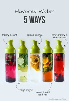 four bottles filled with different types of fruit and vegetables, labeled in the words flavored water 5 ways