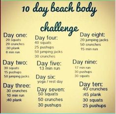 the 10 day beach body challenge is shown in green and white, with an orange background