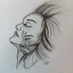 a drawing of a woman's face with her eyes closed and hair blowing in the wind