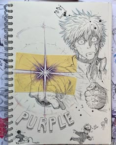 a spiral notebook with some drawings on it and an image of a boy holding a star