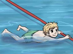 a boy is floating in the water on a surfboard while holding onto a pole