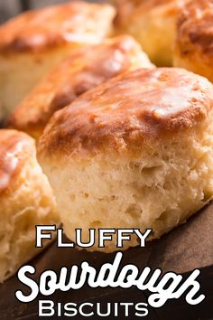 fluffy sourdough biscuits on a baking sheet with the words fluffy sourdough biscuits