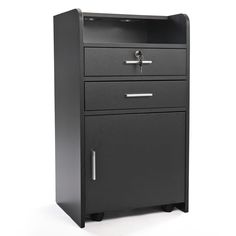 a tall black cabinet with two drawers on one side and an open drawer on the other