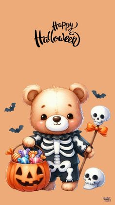 a teddy bear dressed up as a skeleton and holding a pumpkin