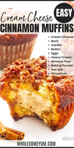 a close up of a muffin on a plate with cinnamon sticks in the background