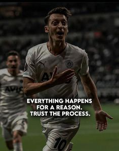 a soccer player is running with the words everything happens for a reason trust the process