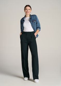 About Our Extra-Long Women’s Dress Pants Make a statement in these stylish pleated women’s tall dress pants. Pleated trousers are a timeless trend you’ll love and now, there’s finally a pair that will accentuate your long legs. These pants for tall women have been designed specifically for ladies between 5’9” and 6’6”, with a full length offering extra-long inseam options. They have a high-rise silhouette that gives the appearance of a cinched waist, complete with a fly zipper and hook and bar c Affordable Classic Straight Leg Dress Pants, Affordable Black Straight Leg Work Pants, Affordable Black Dress Pants For Business Casual, Cheap Classic High-waisted Dress Pants, Affordable High Waist Pull-on Pants, Cheap Classic Full Length Dress Pants, Cheap Classic Women's Dress Pants, Cheap Classic Fitted Pants, Cheap Classic Tapered Leg Pants