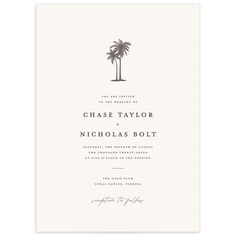 the palm tree wedding card is shown in black and white