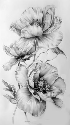 two flowers are shown in black and white, with one large flower on the left side