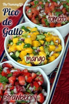 three white bowls filled with different types of fruit and veggies on top of a red table cloth